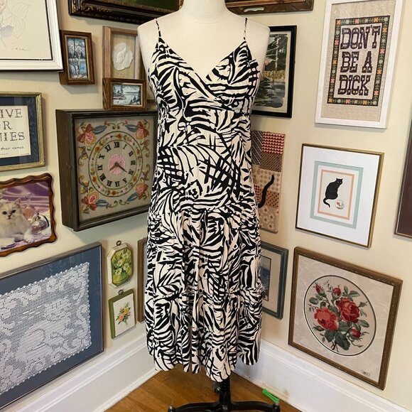 Patrons of Peace Black & White Botanical Print Rayon Strappy Midi Dress Size L - Picture 1 of 6